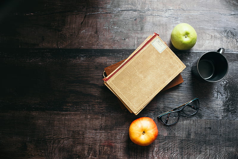 apples, books, glasses, reading, aesthetics, HD wallpaper