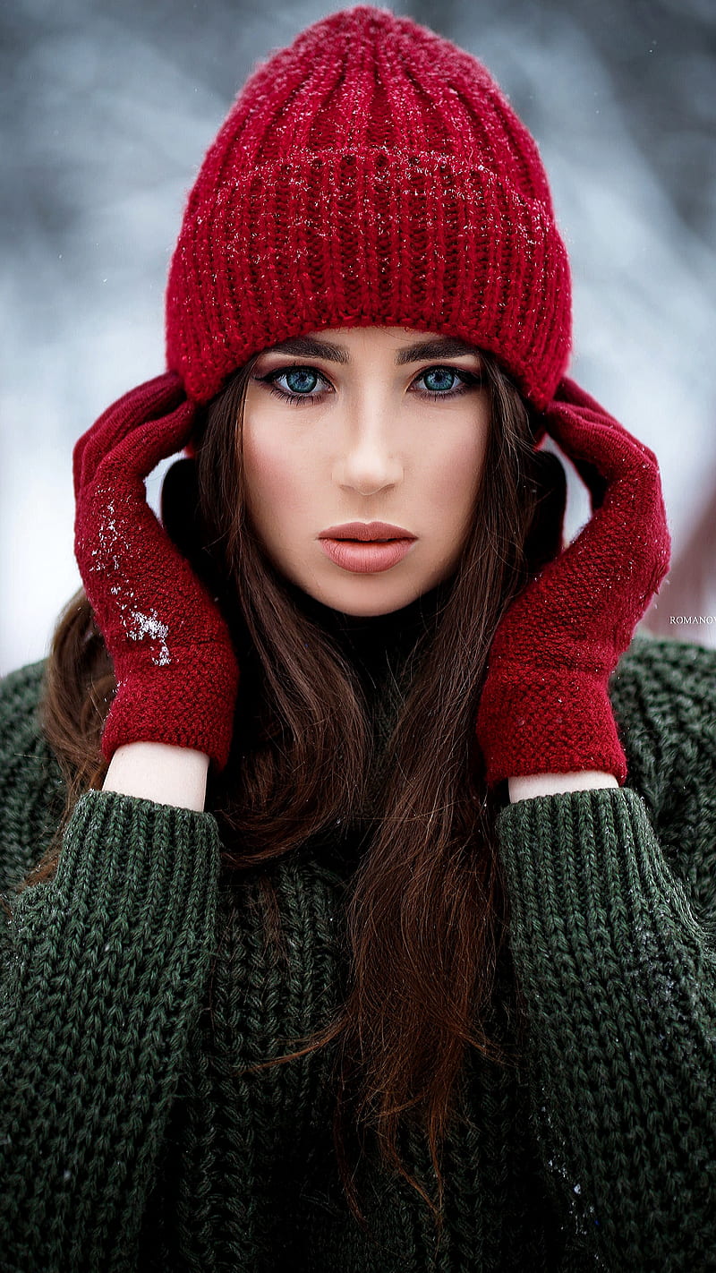 Cold weather, brown hair, cold, cute, green, pretty girl, red gloves, red hat, snow, winter, HD phone wallpaper