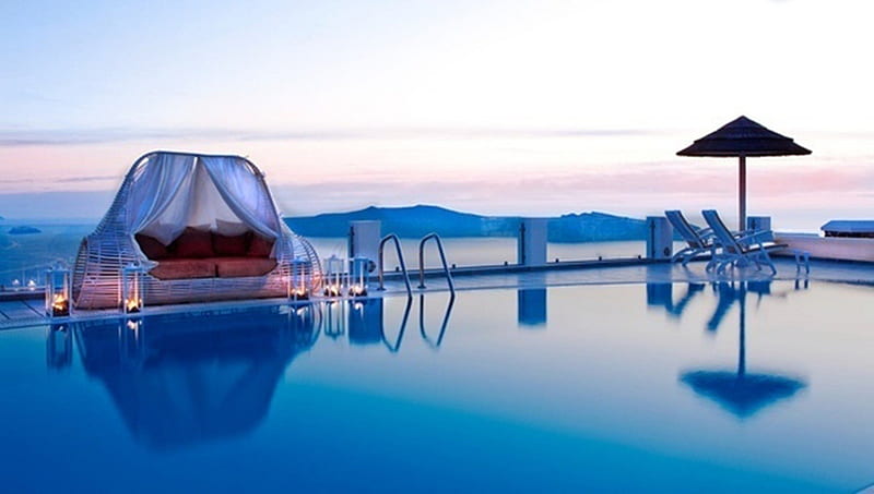 Canopy Pool Bed ~ Santorini, Santorini, beauty, pool, bed, sea, blue, HD wallpaper