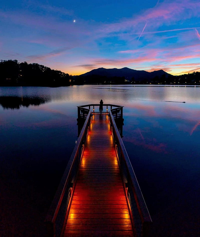 Beautiful dock, lake, mountain, nature, new, night, ocean, star, sunset, view, HD phone wallpaper