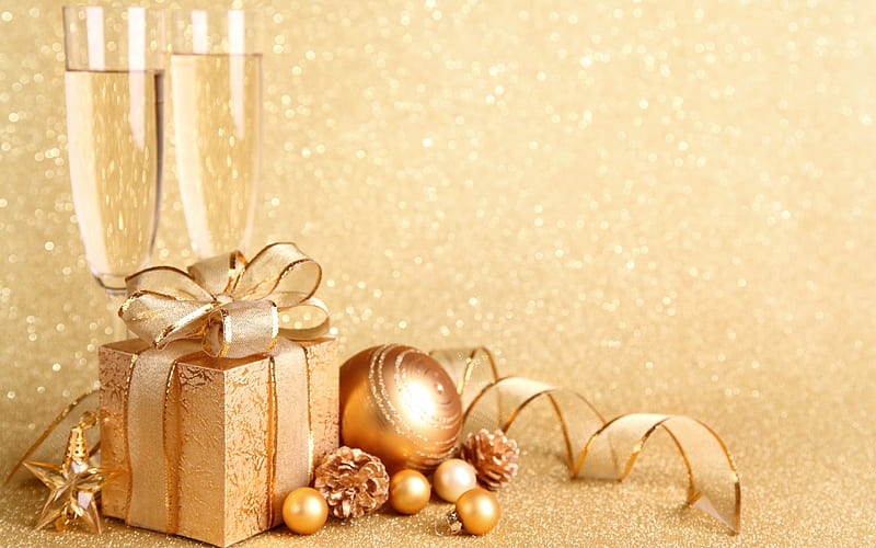 Champagne, pretty, christmas balls, magic, xmas, nice, gold, beauty, star, surprise, present, lovely, holiday, christmas, ribbon, decoration, golden, new year, abstract, gift, winter, glass, merry christmas, balls, glasses, bonito, graphy, ball, pearls, stars, wine, happy new year, santa, HD wallpaper
