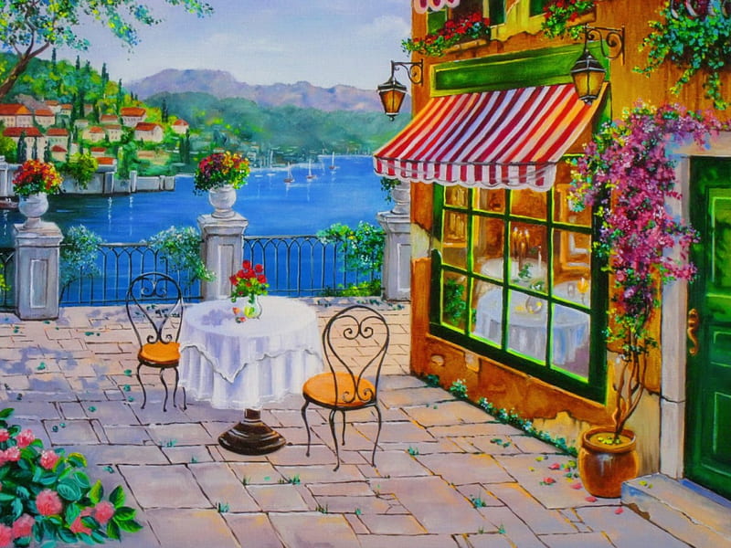 Greek yard, rest, art, greek, house, lovely, view, bonito, yard, sea, painting, summer, peaceful, village, coast, HD wallpaper