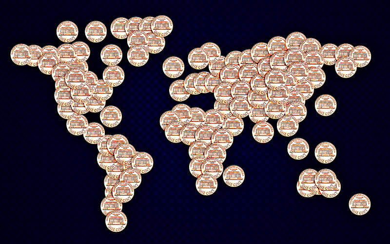 world map of coins, world map concepts, american cents, dollars, world map of cents, HD wallpaper