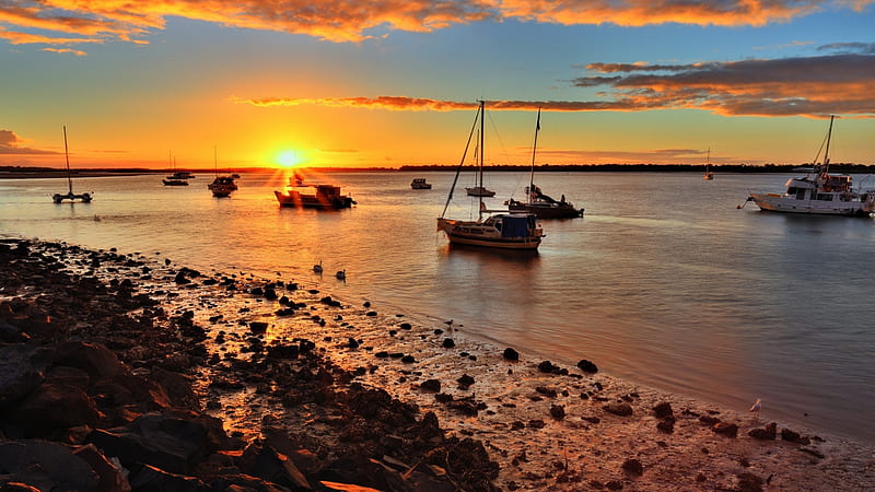 Wonderful Sunset Beyond The Harbor, boat, nature, sunset, clouds, harbor, HD wallpaper