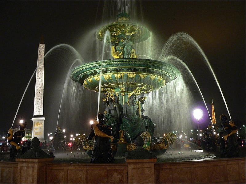 Fountain in Paris, fountain, in paris, at night, bonito, HD wallpaper