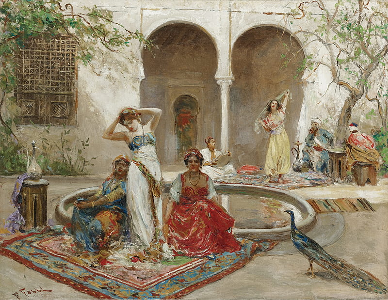 In the harem, art, harem, luminos, pasare, odalisque, fabio fabbi, peacock, woman, dancer, girl, bird, paun, painting, garden, pictura, HD wallpaper