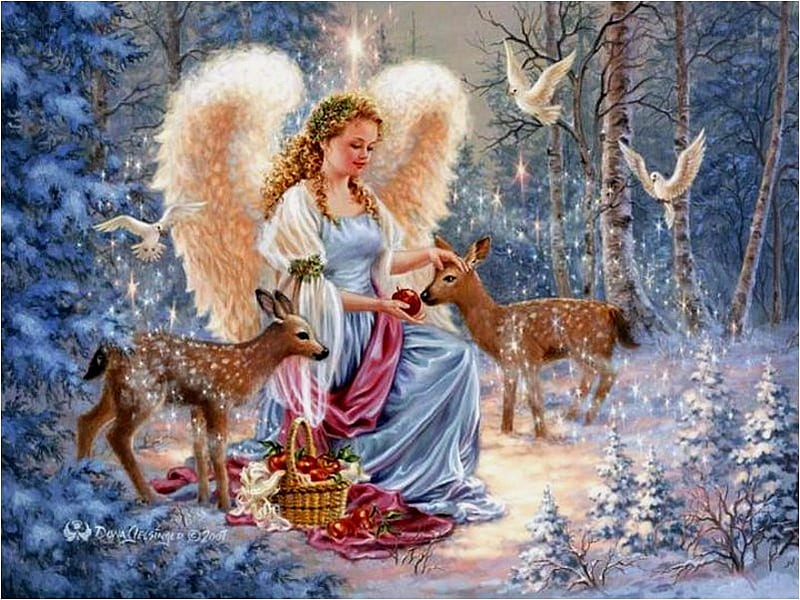 By Dona Gelsinger, art, christmas, holiday, dona gelsinger, deer, cute, tree, bird, painting, HD wallpaper