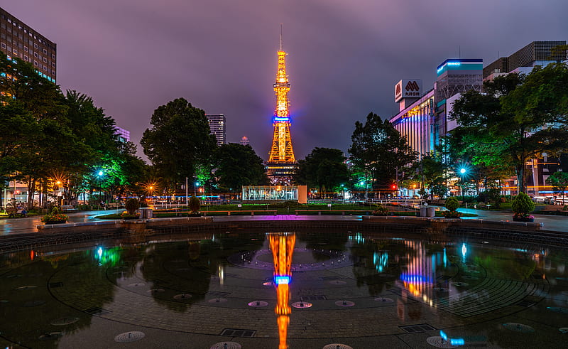 Cities, Sapporo, Building, City, japan, Light, Night, Reflection, Tower, HD wallpaper