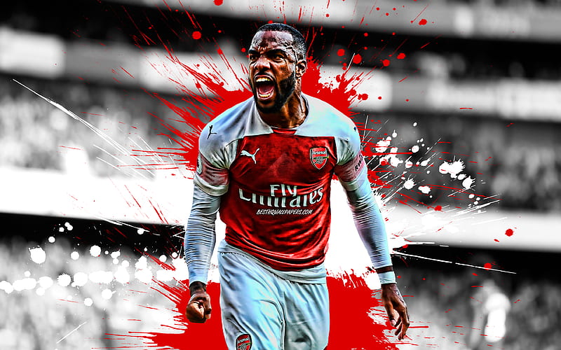 Alexandre Lacazette, red and white splashes, Arsenal FC, french footballers, soccer, Lacazette, Premier League, football, The Gunners, grunge, HD wallpaper