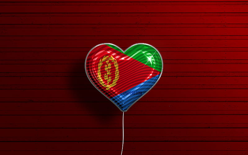 I Love Eritrea realistic balloons, red wooden background, African countries, Eritrean flag heart, favorite countries, flag of Eritrea, balloon with flag, Eritrea flag, Eritrea, Love Eritrea, HD wallpaper