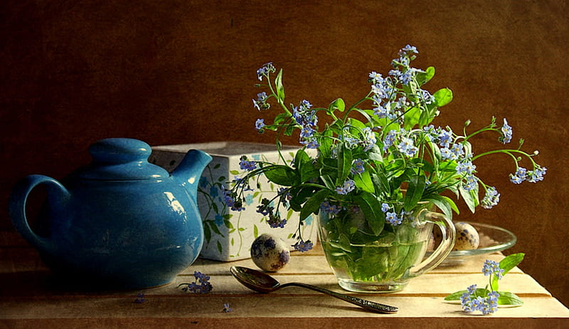 Beautiful Blues, glass bowl, table, spoon, box, glass vase, teapot, still life, lace scarf, eggs, HD wallpaper