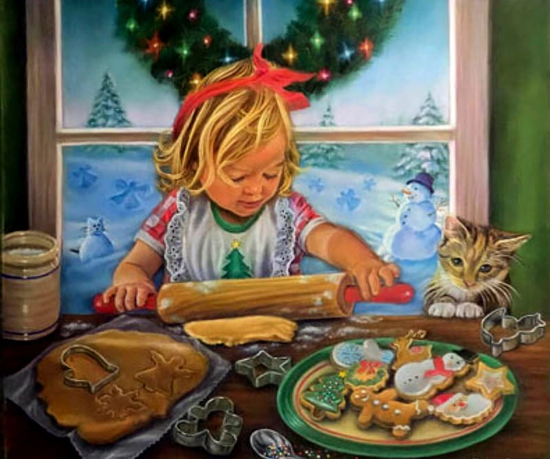Little Baker, Snow, Cookies, Winter, Cat, Baking, Girl, HD wallpaper