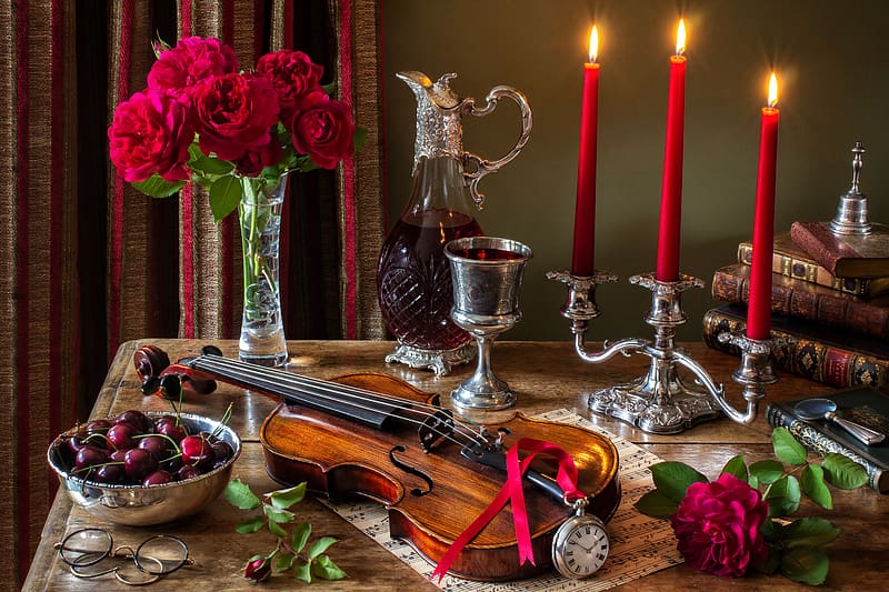 Cherry, Still Life, Flower, Rose, Vase, Book, Candle, Pocket Watch, , Violin, Romantic, Sheet Music, Magnifying Glass, Chalice, HD wallpaper
