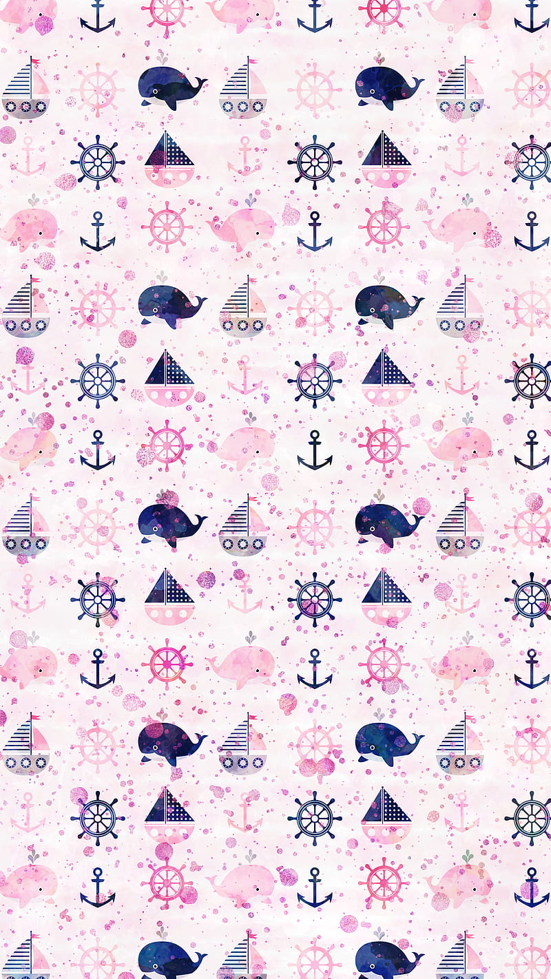 Nautical Blue and Pink, Nautical, Pravokrug, nautical; pattern; whale; boat; navy; anchor; beach; blue; pink, HD phone wallpaper