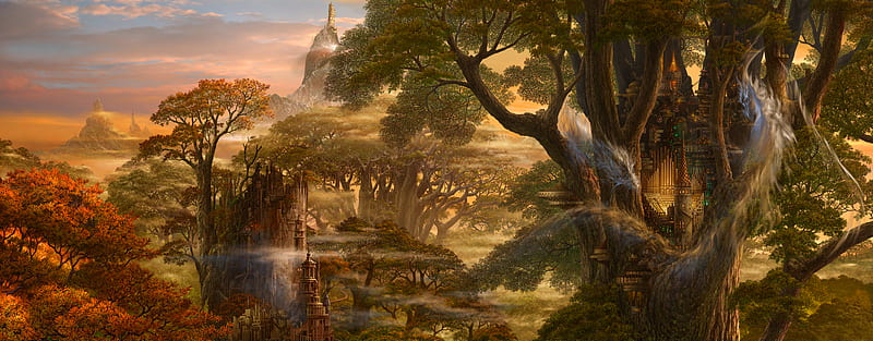 Tree City, forest, city, mist dragon, day, adventure, HD wallpaper