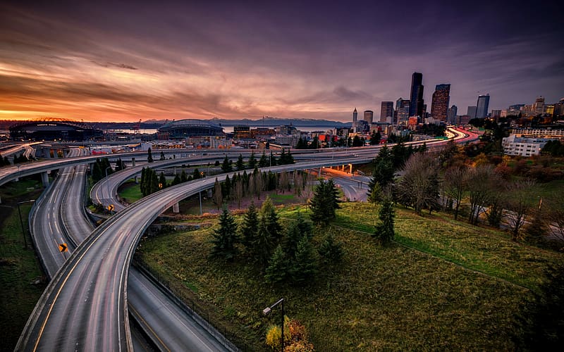 Sunset, City, Skyscraper, Road, Highway, Seattle, HD wallpaper