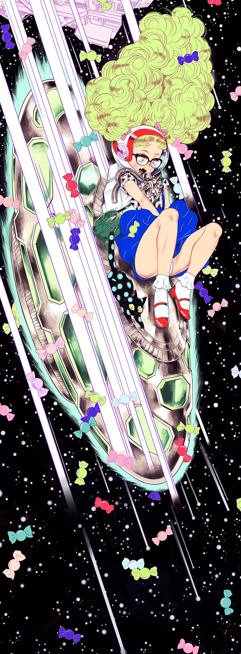 2D, artwork, green hair, long hair, glasses, space, blue skirt, anime girls, HD phone wallpaper