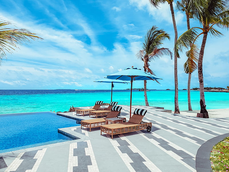sun lounger, umbrella, palm, rest, ocean, HD wallpaper