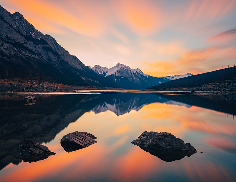 mountains, lake, stones, snowy, sunset, HD wallpaper