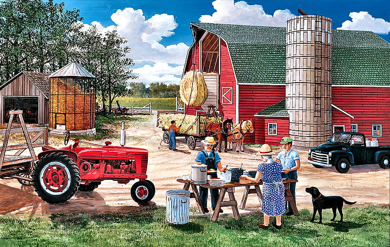 Lunchtime on the Farm F, architecture, planting, art, tractor, bonito, illustration, artwork, farm, lunchtime, people, painting, wide screen, scenery, crops, landscape, HD wallpaper