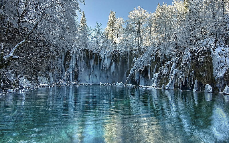 winter on Plitvice lakes, snow, plitvice, nature, frozen, winter, HD wallpaper