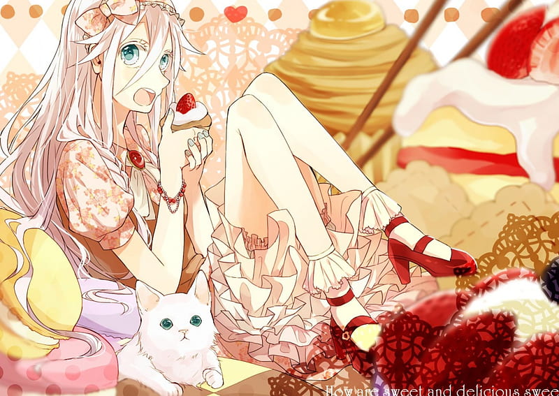 How Are Sweet & Delicious Sweets?, cake, vocaloid, dress, sweets, white hair, IA, bow, cat, garter, anime, red shoes, long hair, HD wallpaper
