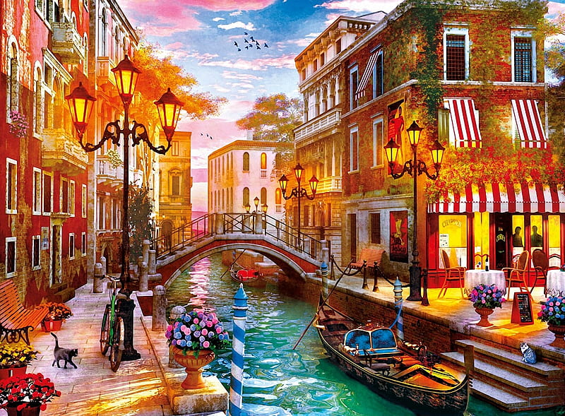 Sunset in Venice, tables, canal, lamps, houses, artwork, boat, restaurant, bridge, people, painting, flowers, chairs, cats, italy, HD wallpaper