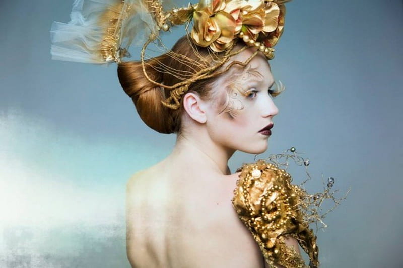 Fashion Girl, model, woman, make up, gold hat, beauty, glamour, fashion, lady, vintage, HD wallpaper