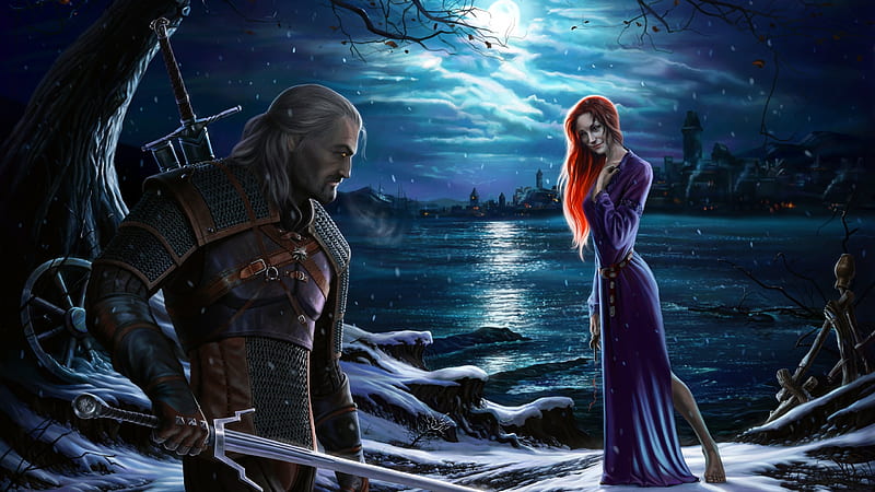 The Witcher, geralt, redhead, game, cd project red, sea, fantasy, moon, sword, couple, blue, night, art, moon, luminos, man, water, girl, HD wallpaper