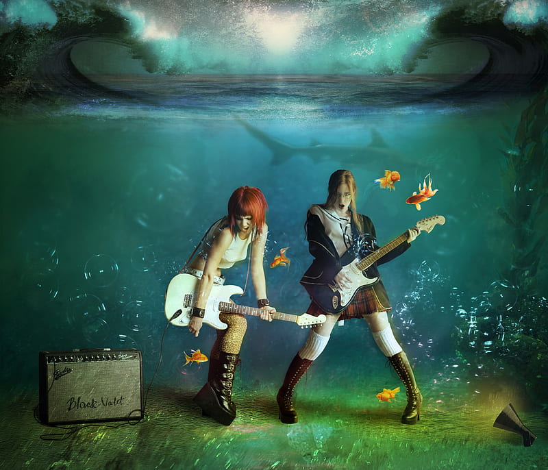 Underwater concert, underwater, fish, fantasy, vara, guitar, girl, summer, couple, blue, HD wallpaper