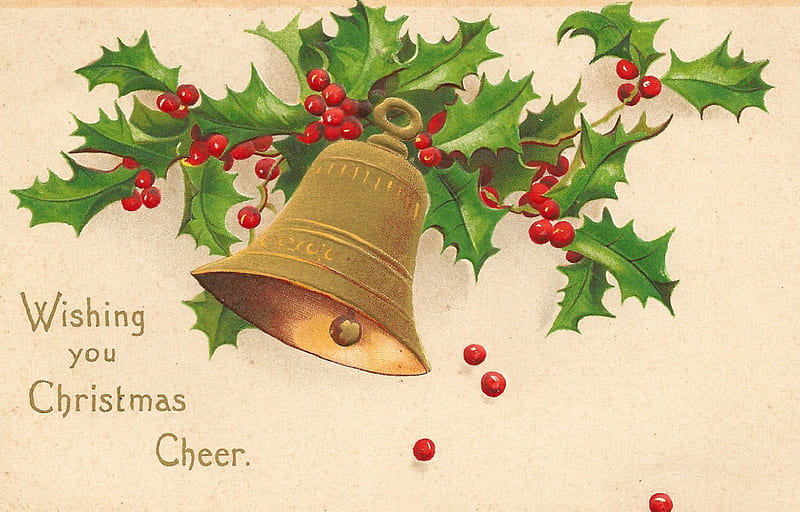 Merry Christmas!, mistletoe, retro, red, green, christmas, bell, vintage, card, HD wallpaper