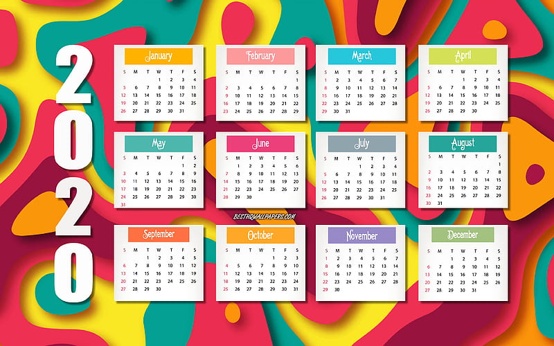 Abstract 2020 calendar bright colorful background, 2020 concepts, 2020 all months calendar, 2020 New Year, 2020 calendar template, abstract background, HD wallpaper