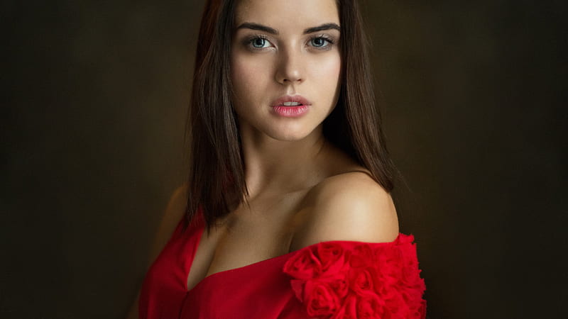 Beautiful Girl Model Is Wearing Red Dress Standing In Black Background ...