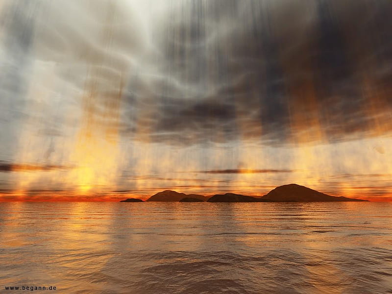 ~Raining Fire~, exotic, lovely, ocean, bonito, sky, clouds, storm, sea, calm, rays, serene, mountians, peaceful, sun rays, nature, HD wallpaper