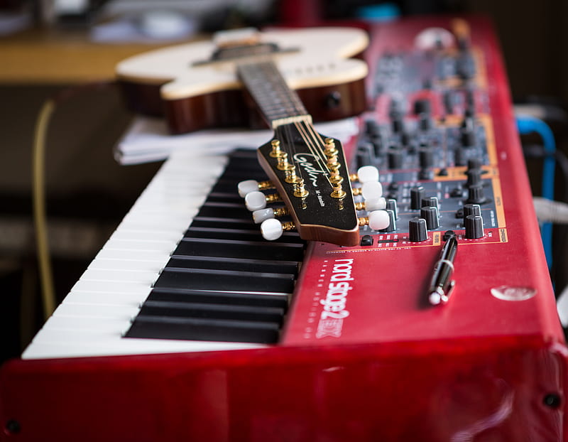 guitar, fretboard, synthesizer, musical instruments, music, HD wallpaper