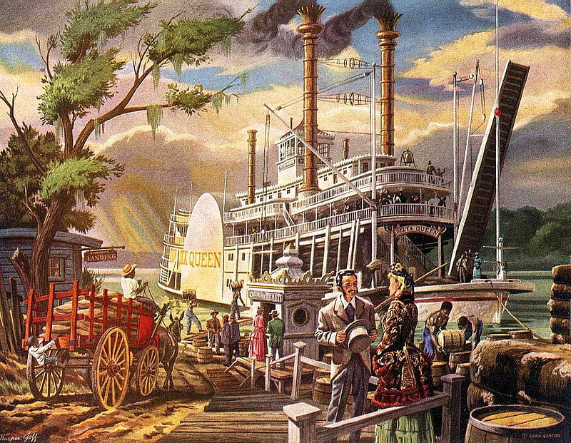 Steamboat, people, paddle steamer, painting, cart, artwork, harbor, HD wallpaper