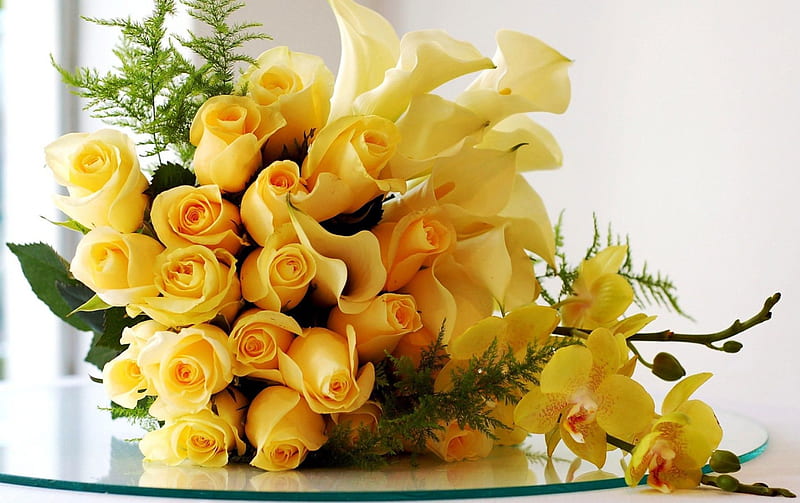 Yellow Flowers, bouquet, orchid, calla, blossoms, roses, HD wallpaper