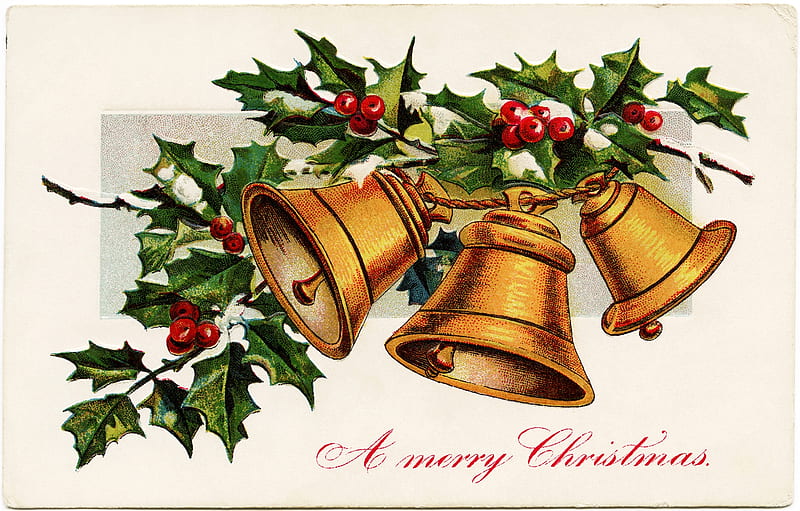 Merry Christmas!, craciun, vintage, card, mistletoe, christmas, bell, HD wallpaper