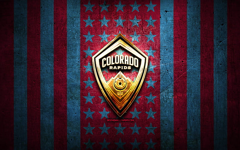 Colorado Rapids flag, MLS, purple blue metal background, american soccer club, Colorado Rapids logo, USA, soccer, Colorado Rapids FC, golden logo, HD wallpaper