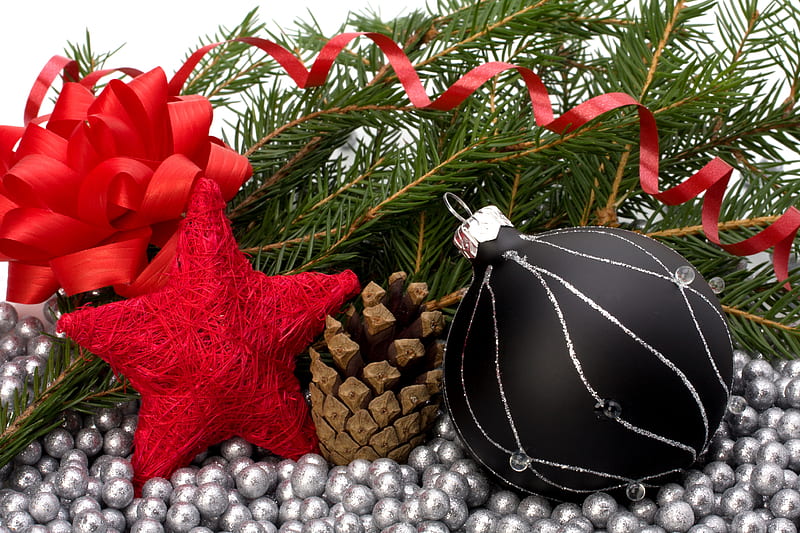 Christmas decoration, red, cone, pretty, gray, bonito, still life, graphy, ball, nice, beauty, star, harmony lovely, holiday, christmas, ribbon, colors, black, happy new year, delicate, elegantly, cool, merry christmas, balls, HD wallpaper