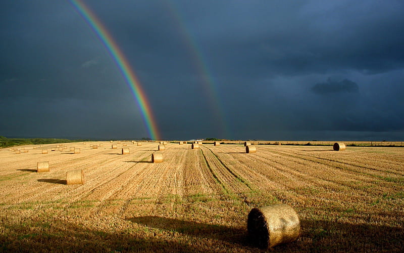 Double Rainbow over a Hayfield, rainbows, dark, nature, fields, hay, clouds, sky, stormy, HD wallpaper