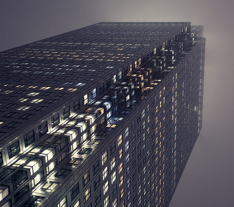Offices at Night, build, building, fog, night, office, tower, HD wallpaper