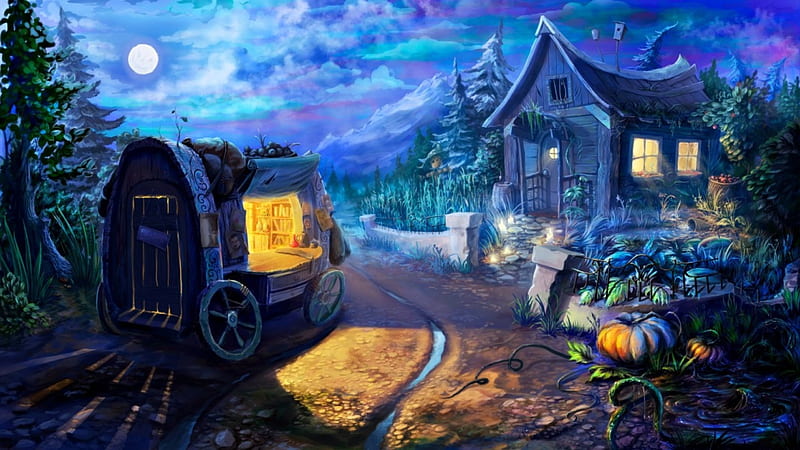 Halloween, art, house, moon, luminos, orange, game, yellow, fantasy, moon, pumpkin, blue, night, HD wallpaper