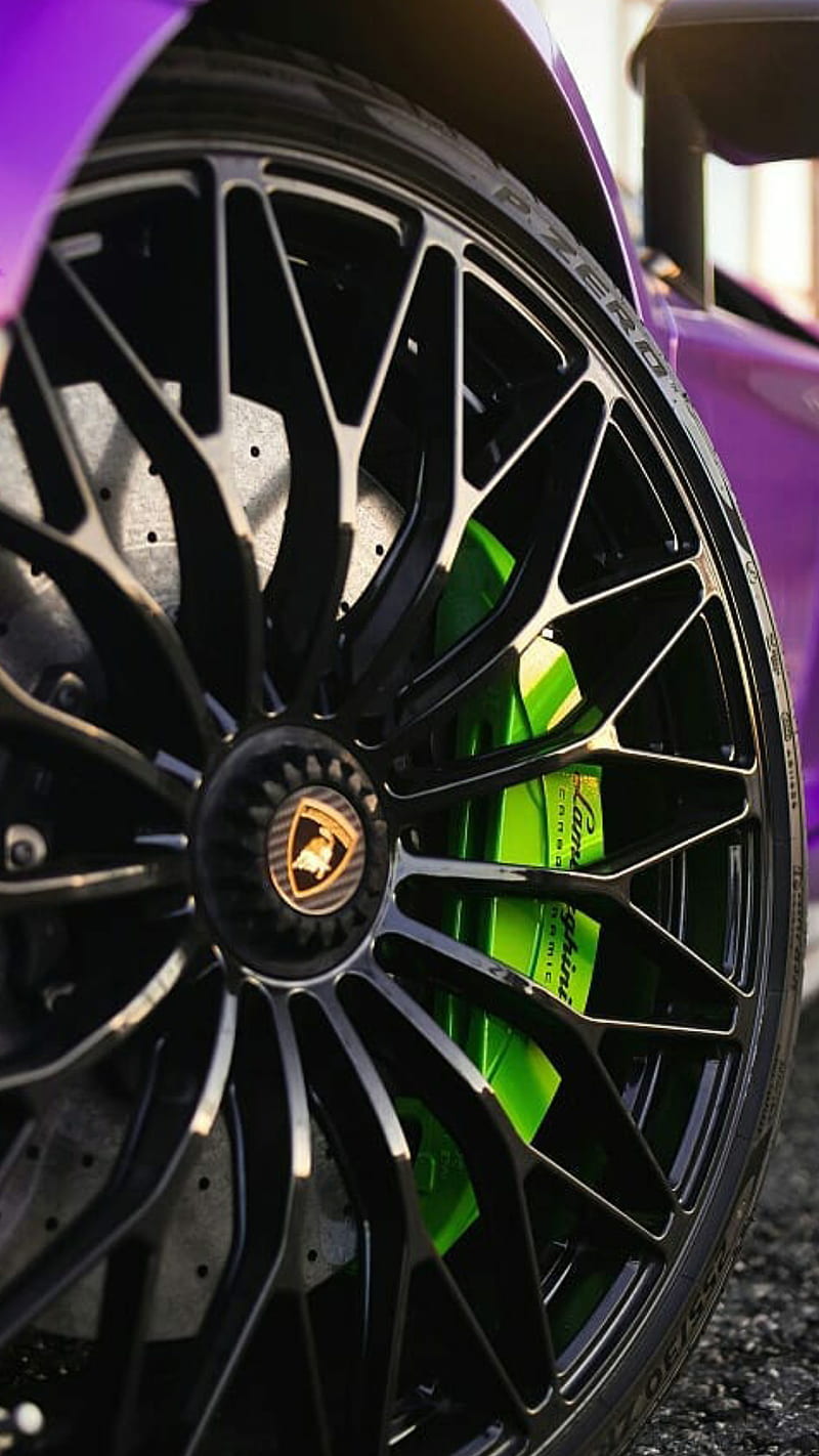 Lambo Wheel, lamborghini, aventador, purple, black, car, hypercar, supercar, HD phone wallpaper