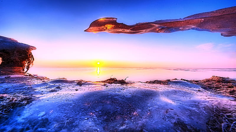 Reaching Out, glow, sunrise, island, reflection, sky, HD wallpaper