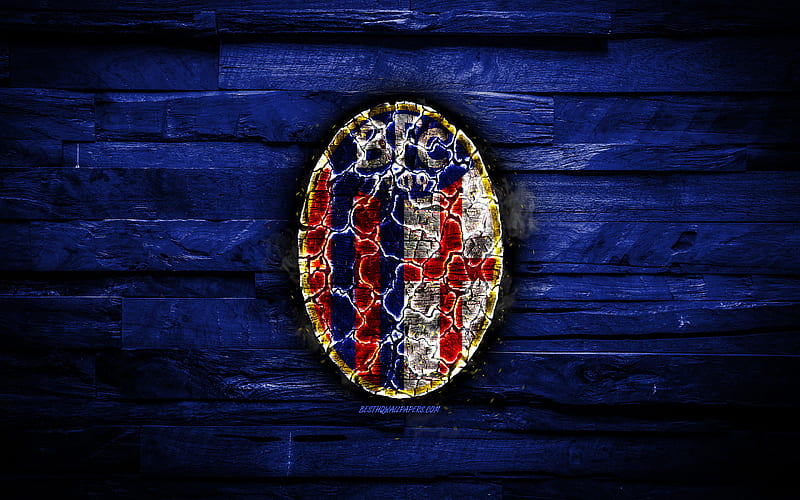 Bologna FC, fiery logo, Serie A, blue wooden background, italian football club, grunge, Bologna FC 1909, football, soccer, Bologna logo, fire texture, Italy, HD wallpaper