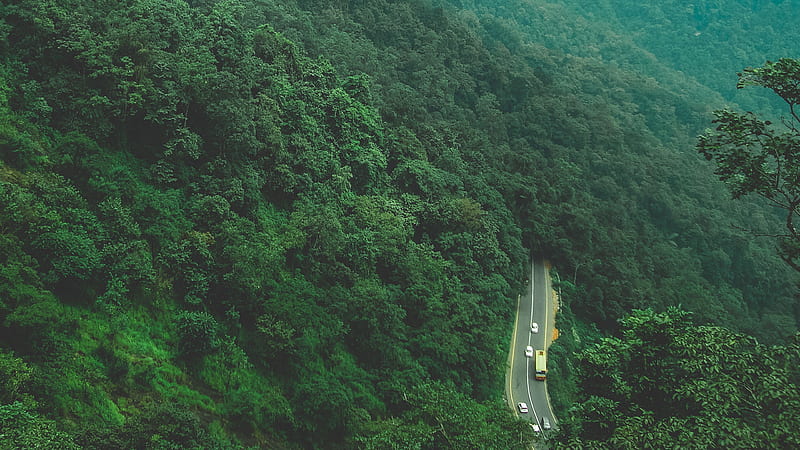 Aerial View Of Mountain With Roadway Green, HD wallpaper