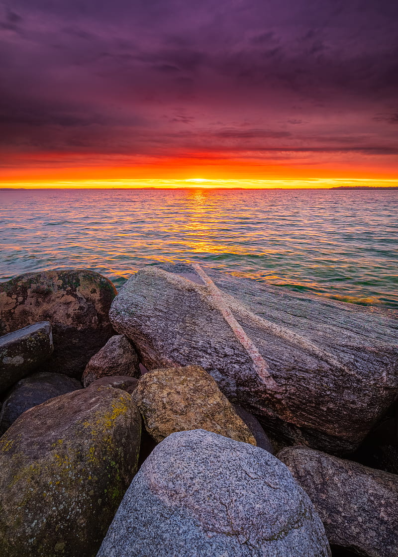 5K free download | Stones, sea, horizon, sunset, HD phone wallpaper