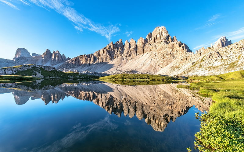 mountain lake, morning, Dolomites, summer, Italy, mountain landscape, blue sky, HD wallpaper