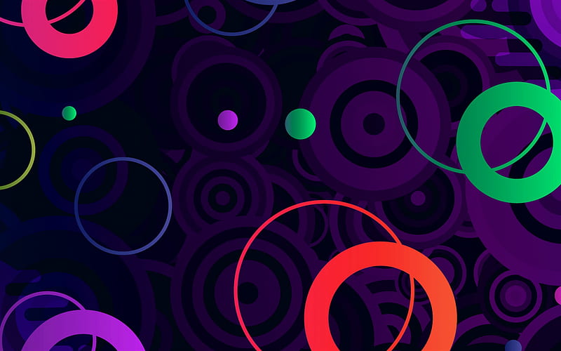 neon circles abstraction, purple circles abstraction, multicolored circles abstraction, circles background, HD wallpaper